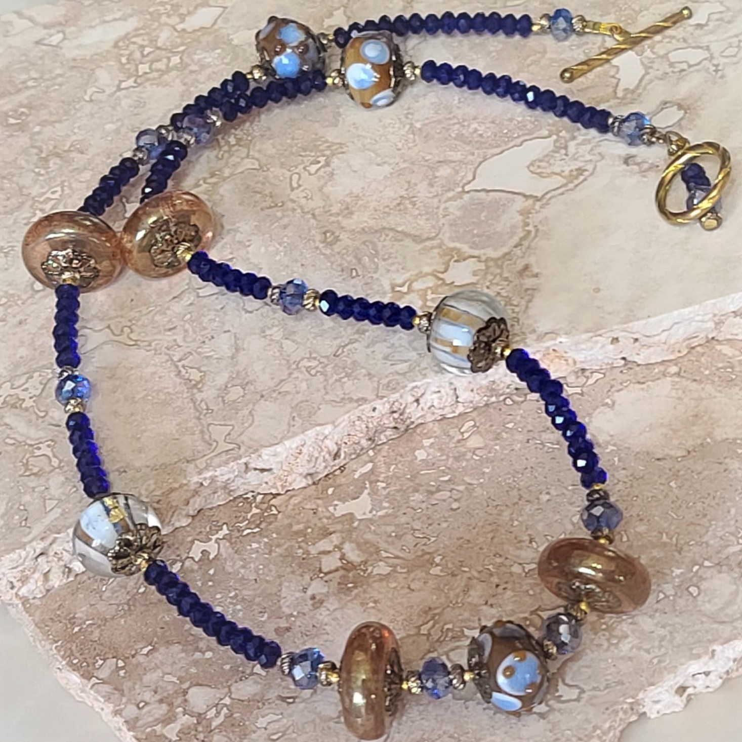 Hand Crafted Lampwork Blue & Brown Glass Bead Necklace
