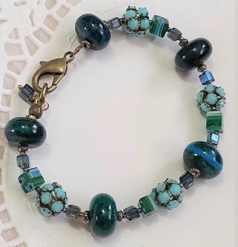 Green Chrysocolla Gemstone & Glass Bracelet - Click Image to Close