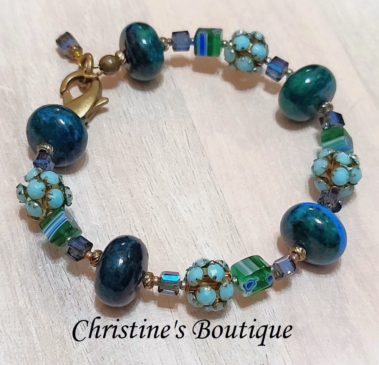 Green Chrysocolla Gemstone & Glass Bracelet - Click Image to Close