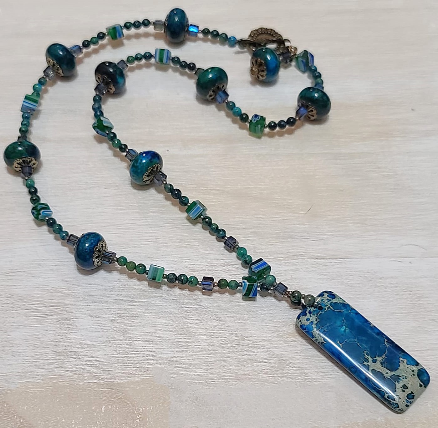 Gemstone pendant necklace, handcrafted, Chrysocolla & green onyx