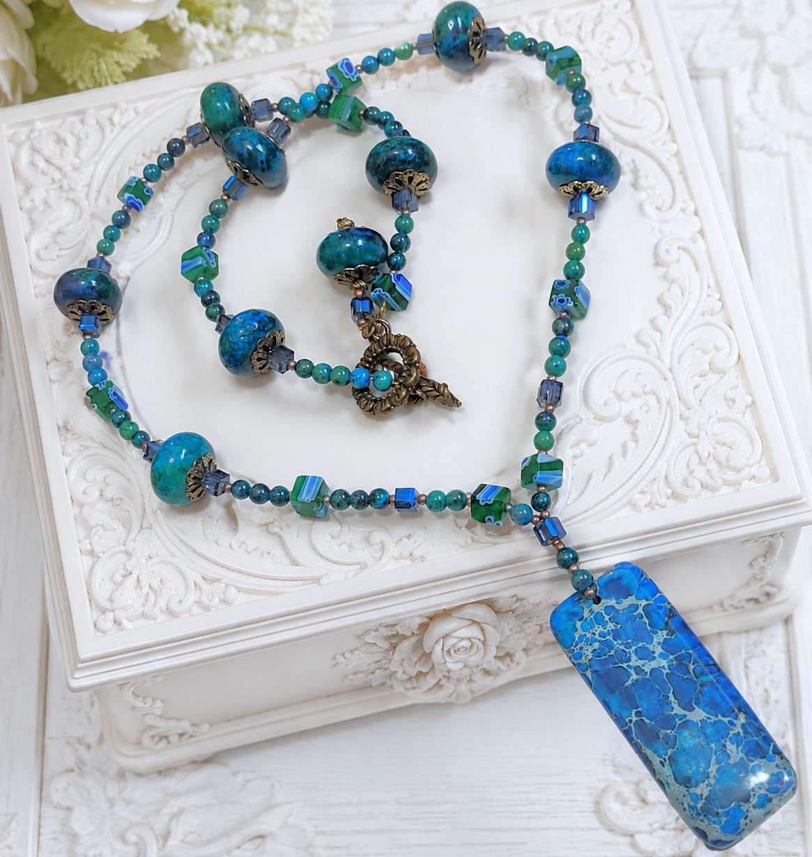 Chrysocolla and Green Onyx Gemstone Pendant Necklace