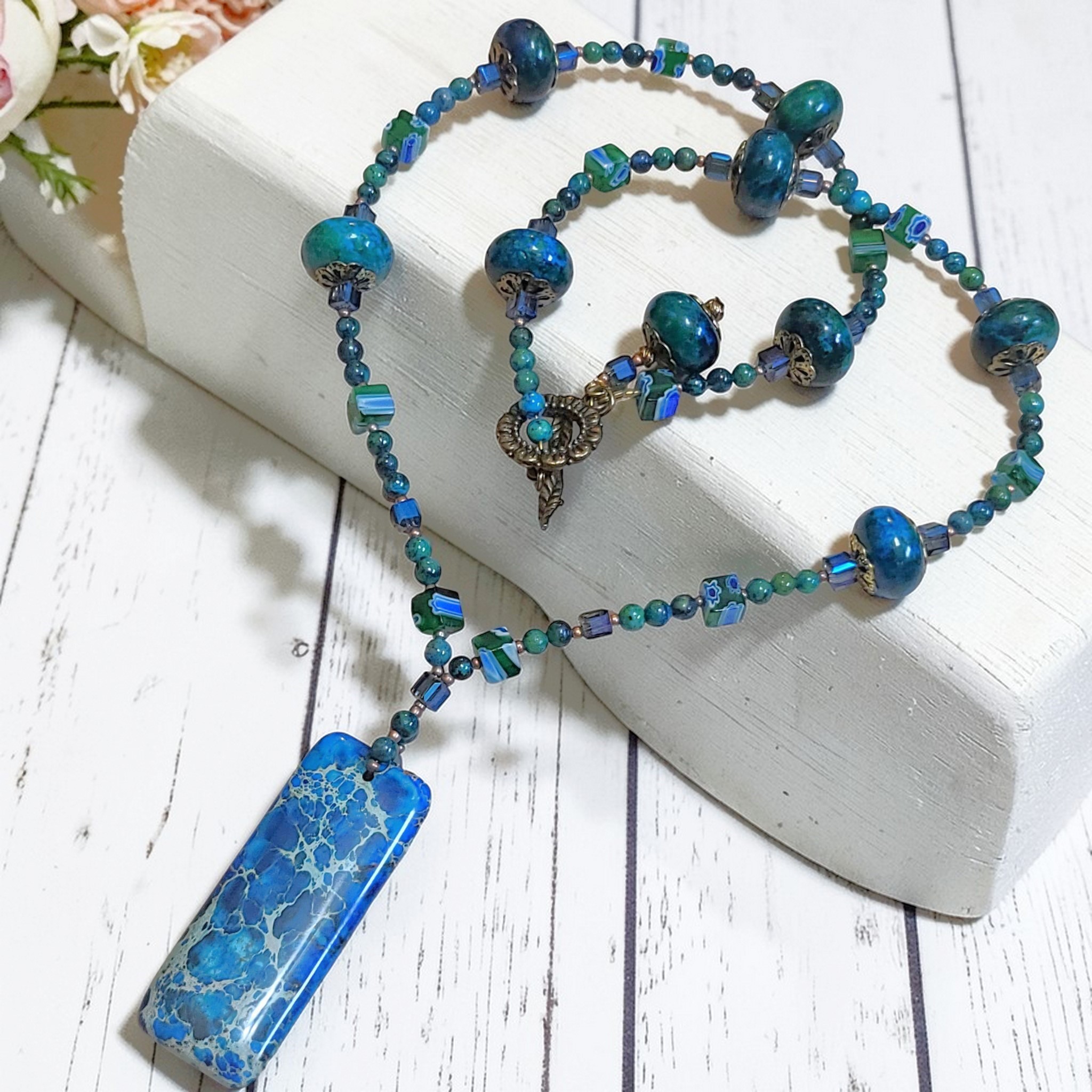 Chrysocolla and Green Onyx Gemstone Pendant Necklace