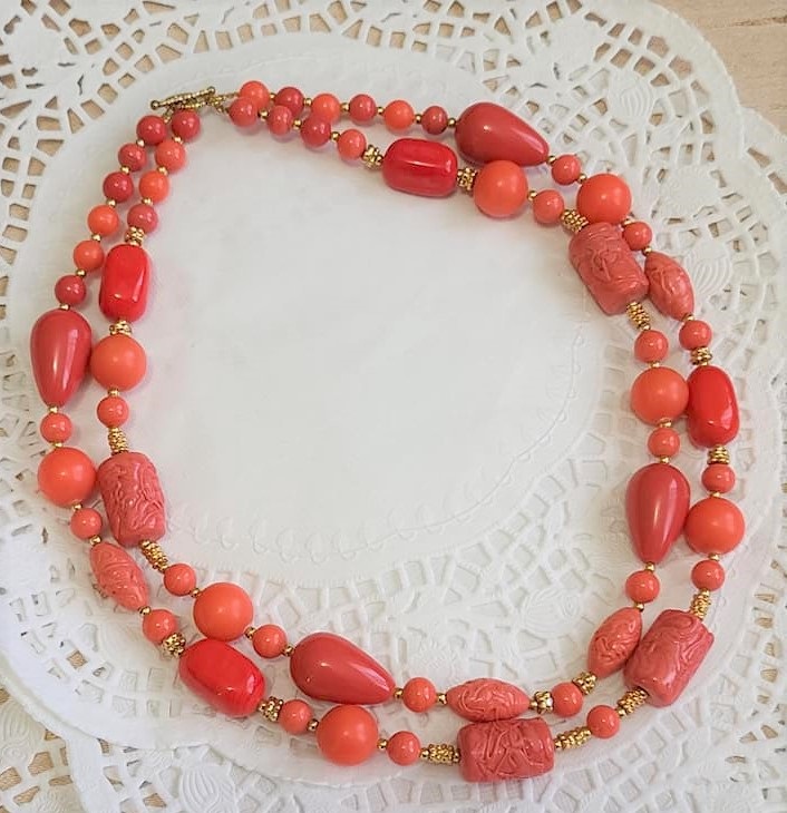 Carved Coral & Glass Double Row Bead Necklace