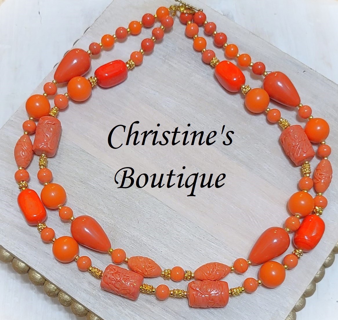 Carved coral colored glass bead 2 strand chunky necklace - Click Image to Close