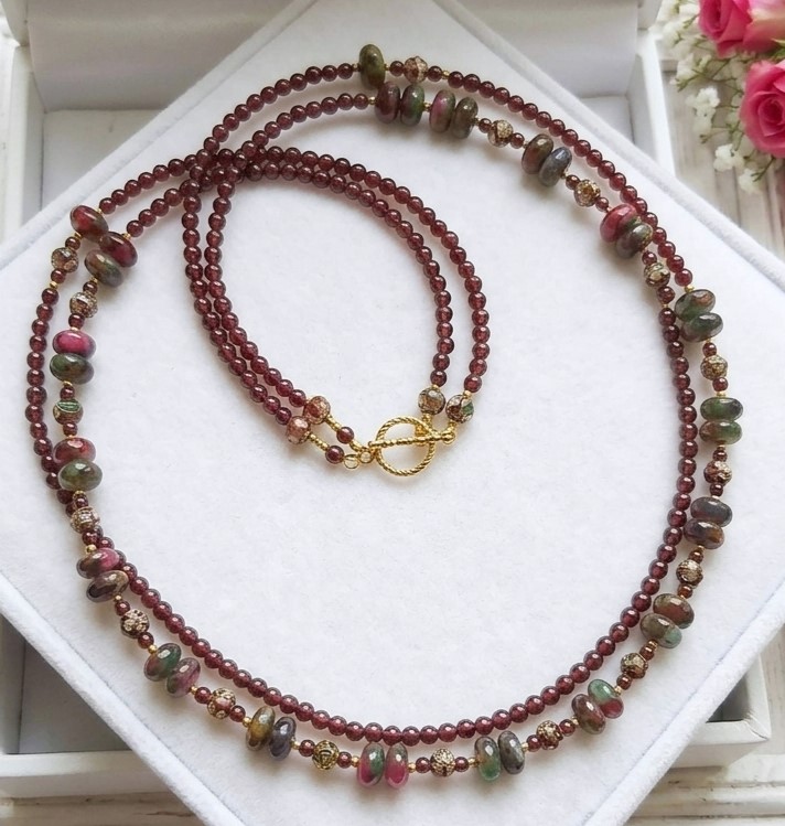 Pressed Ruby, Emerald and Sapphire Gemstone Necklace