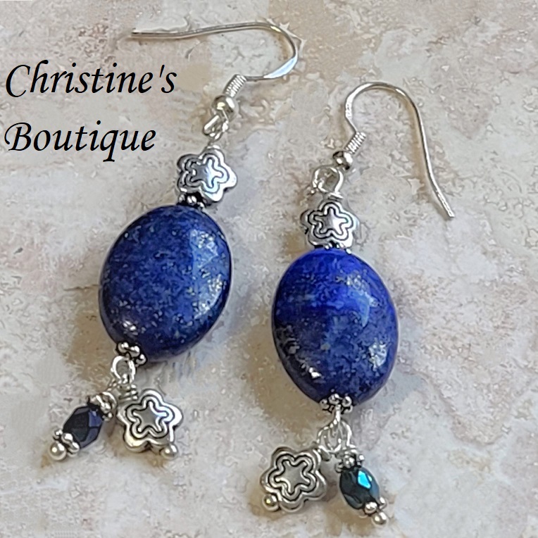 Blue Lapis Gemstone Flower Bead Drop Earrings - Click Image to Close