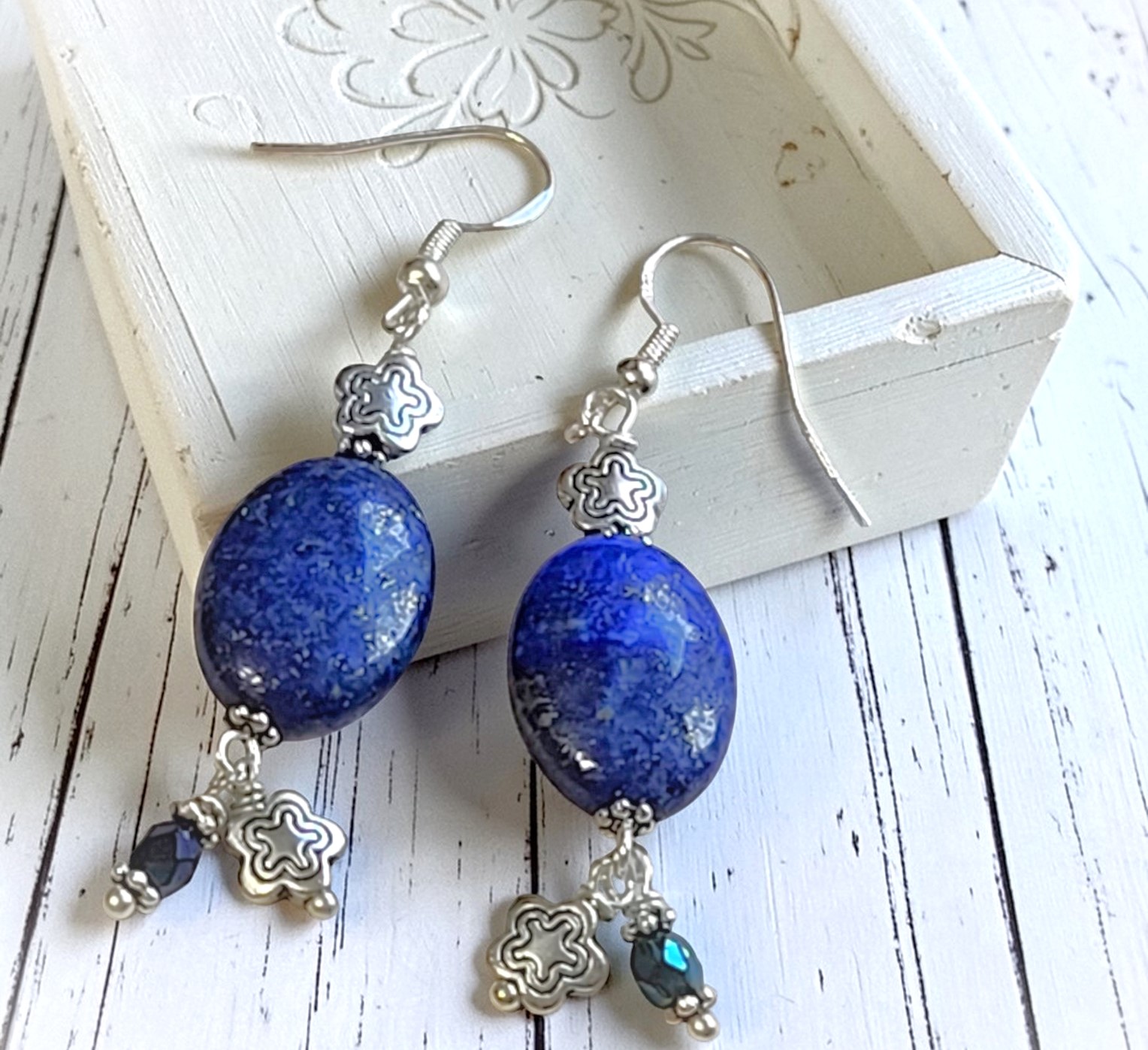 Blue Lapis Gemstone Flower Bead Drop Earrings