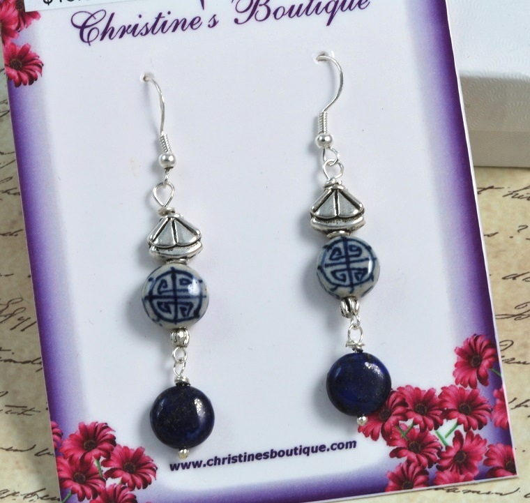 Blue Lapis Gemstone & Ceramic Drop Bead Earrings