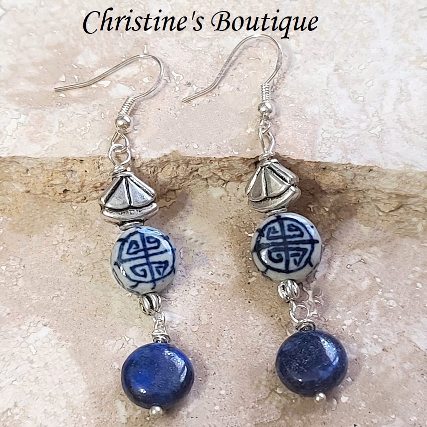 Blue Lapis Gemstone & Ceramic Drop Bead Earrings - Click Image to Close