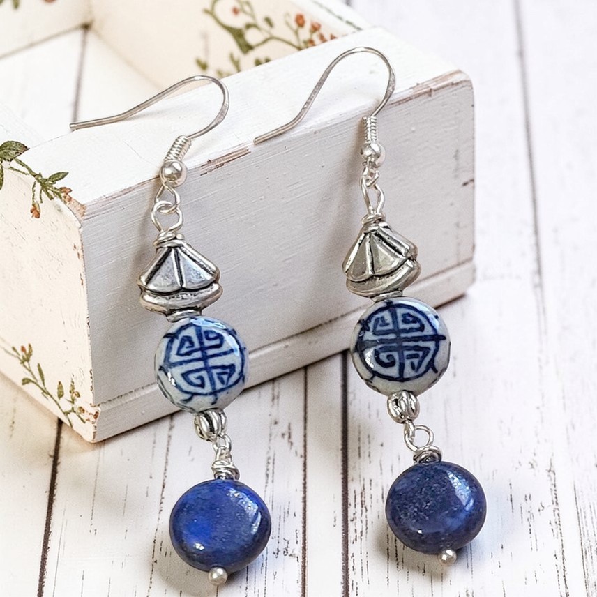 Blue Lapis Gemstone and Ceramic Drop Bead Earrings