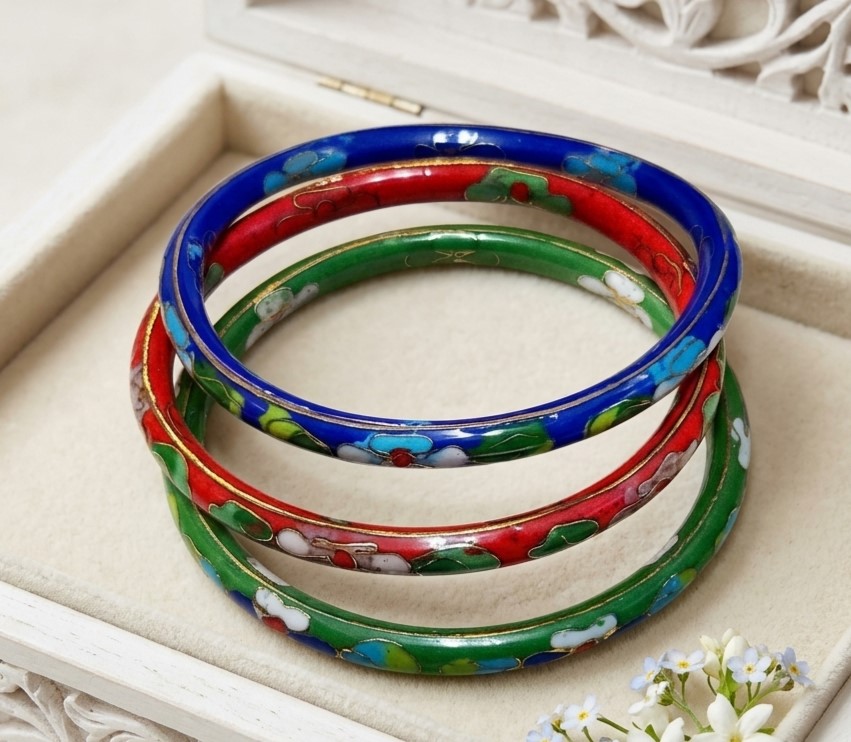 Cloisonne Set of 3 Bangle Bracelets Red Green and Blue