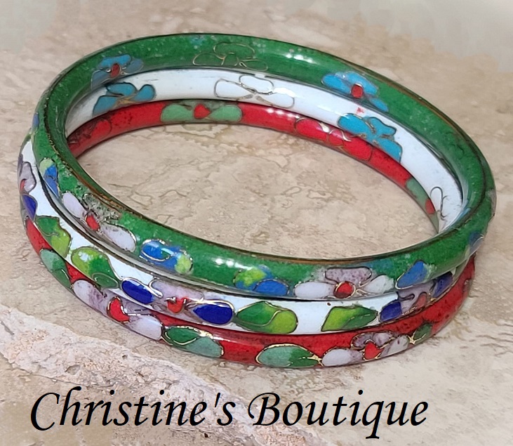 Cloisonne Set of 3 Bangle Bracelets Red White & Green - Click Image to Close