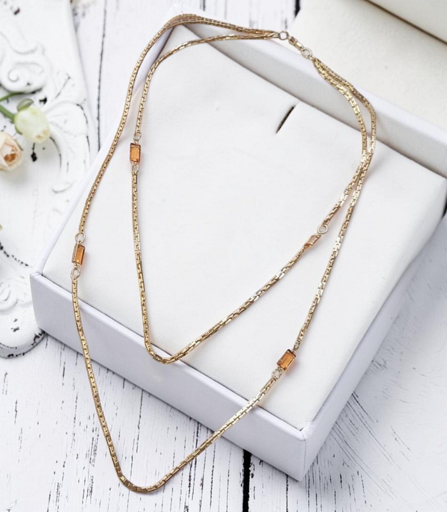 Goldtone Double Chain Necklace with Amber Glass Accents