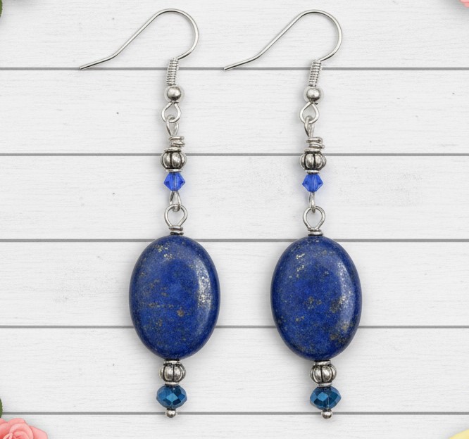 Blue Lapis Gemstone Drop Bead Earrings