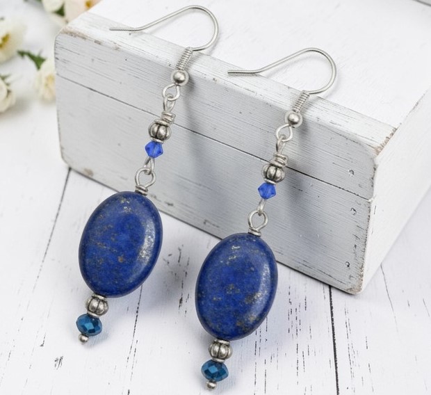 Blue Lapis Gemstone Drop Bead Earrings