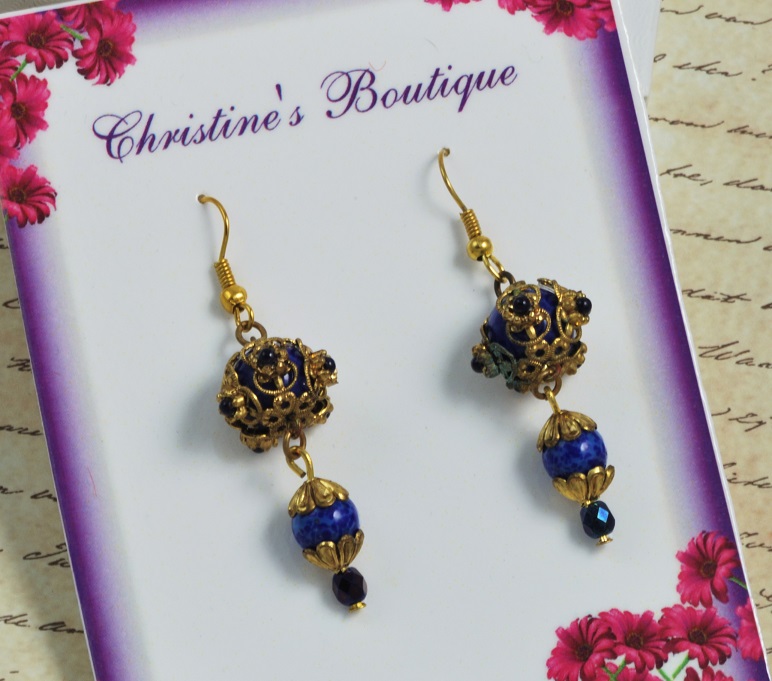 Blue Lapis Gemstone Vintage Bead Earrings