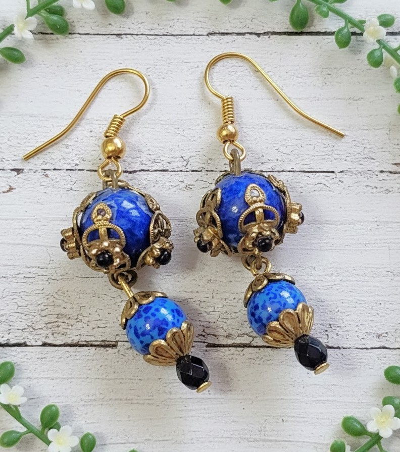 Blue Lapis Gemstone Vintage Bead Earrings