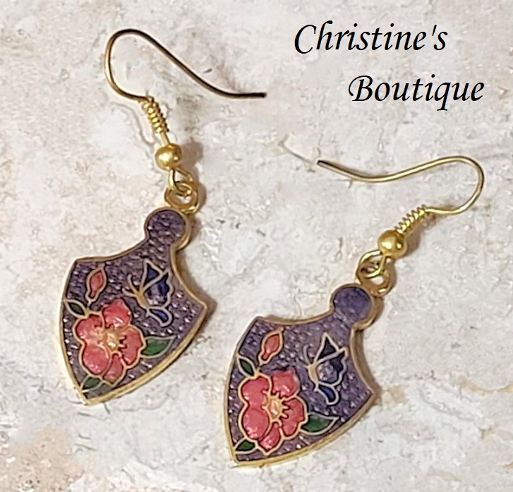 Cloisonne earrings, purple floral, vintage, pierced