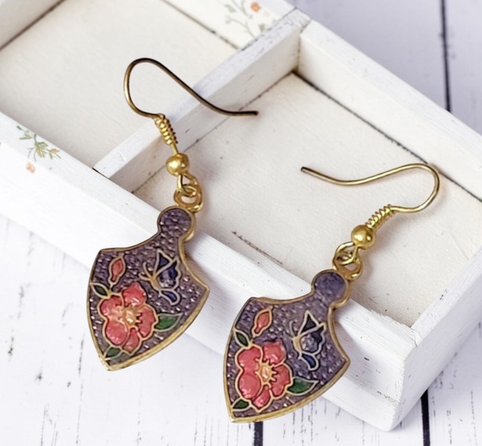 Cloisonne earrings, purple floral, vintage, pierced