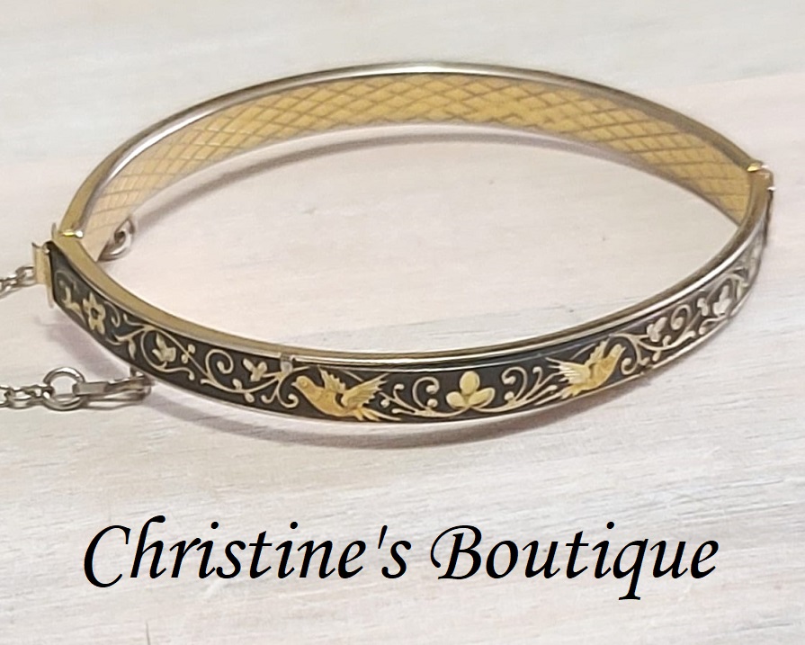 Damascene Bird Design Bangle Oval Bracelet with saftey chain - Click Image to Close
