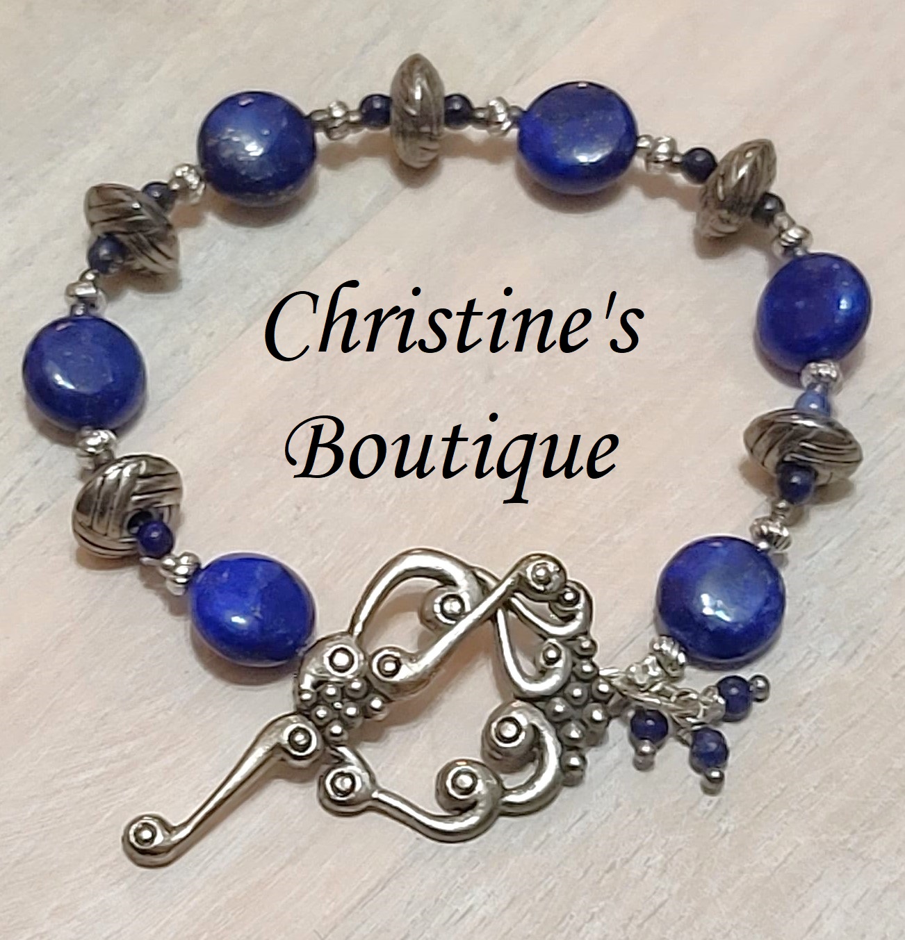 Blue lapis bracelet, bali silver, ornamental grape leaf clasp - Click Image to Close