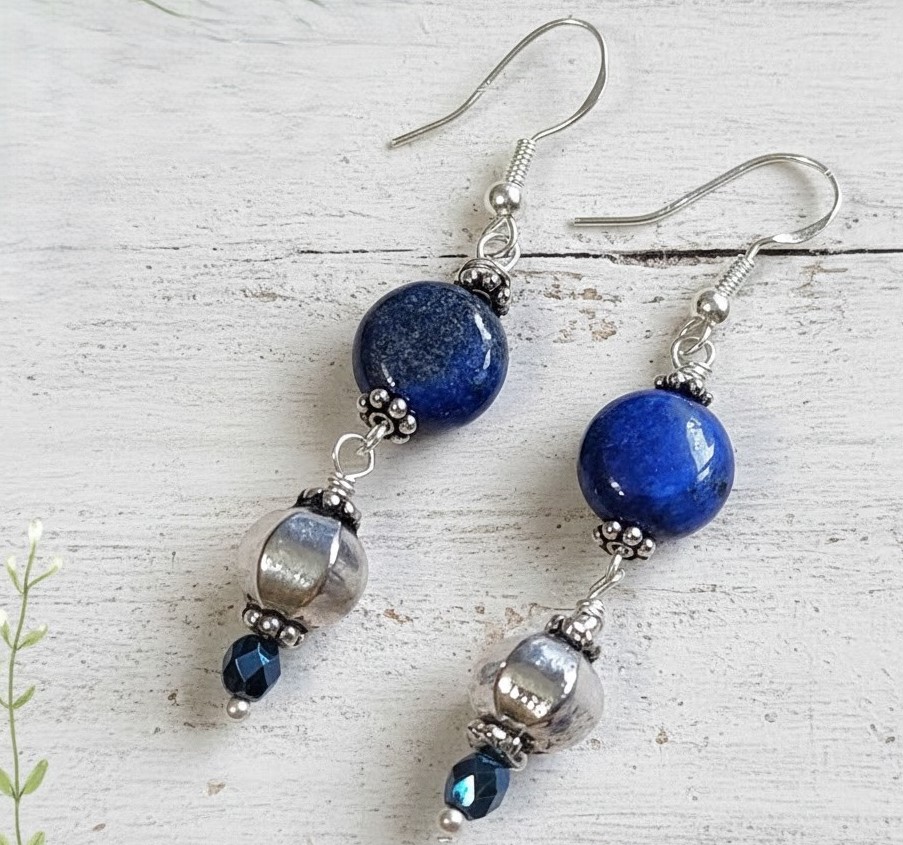 Blue Lapis Gemstone and Bali Silver Earrings