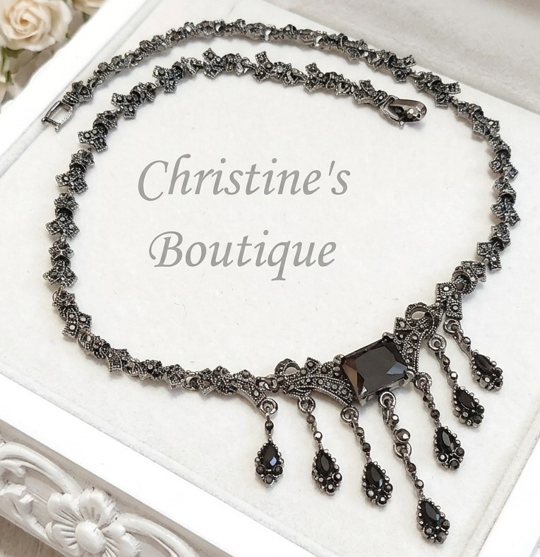 Czech crystal necklace, black czech crystal and marcasite, vintage necklace, princess necklace