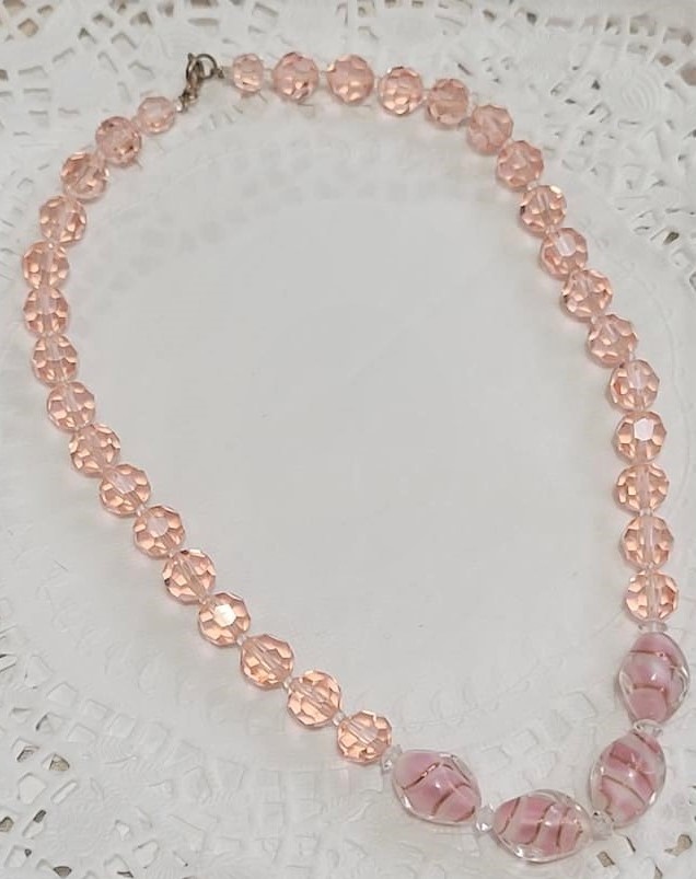 Murano Italian Gold Swirl Glass & Crystal Pink Necklace