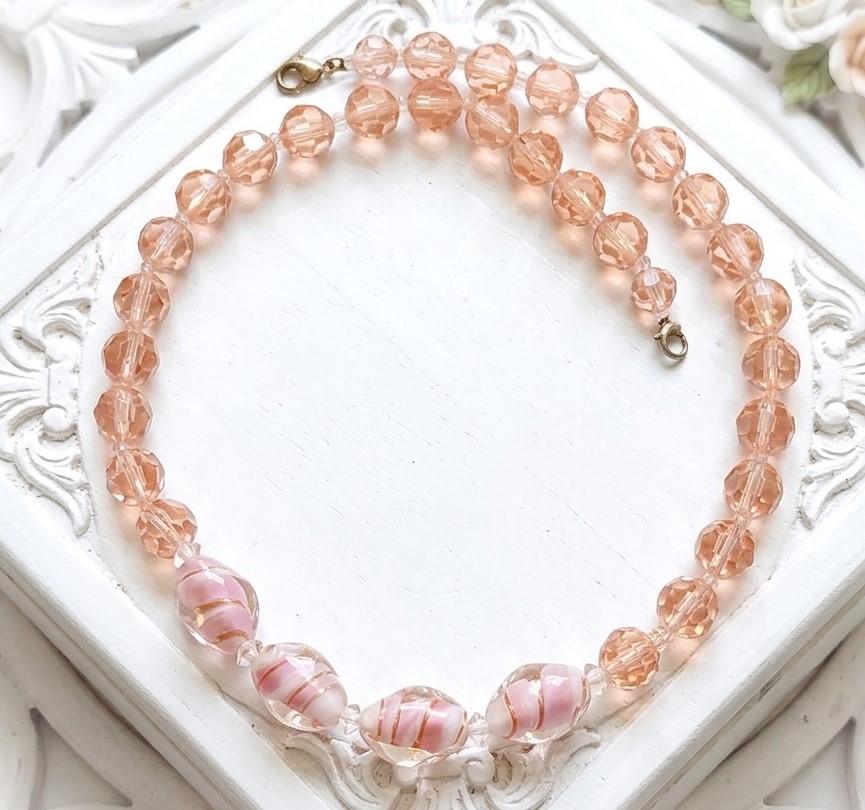 PinK crystal necklace with murano lampwork glass bead accents, vintage necklace