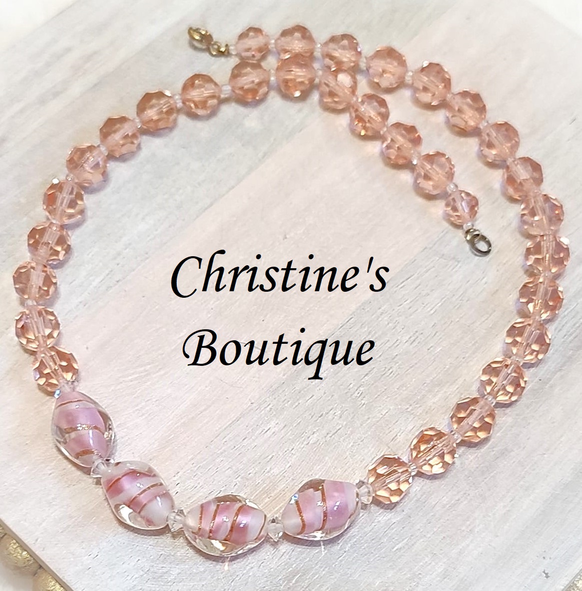 PinK crystal necklace with murano lampwork glass bead accents, vintage necklace - Click Image to Close