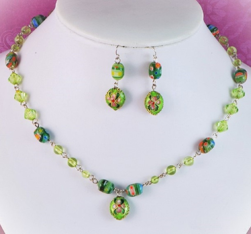 Green Glass & Cloisonne Bead Necklace & Pierced Earrings - Click Image to Close