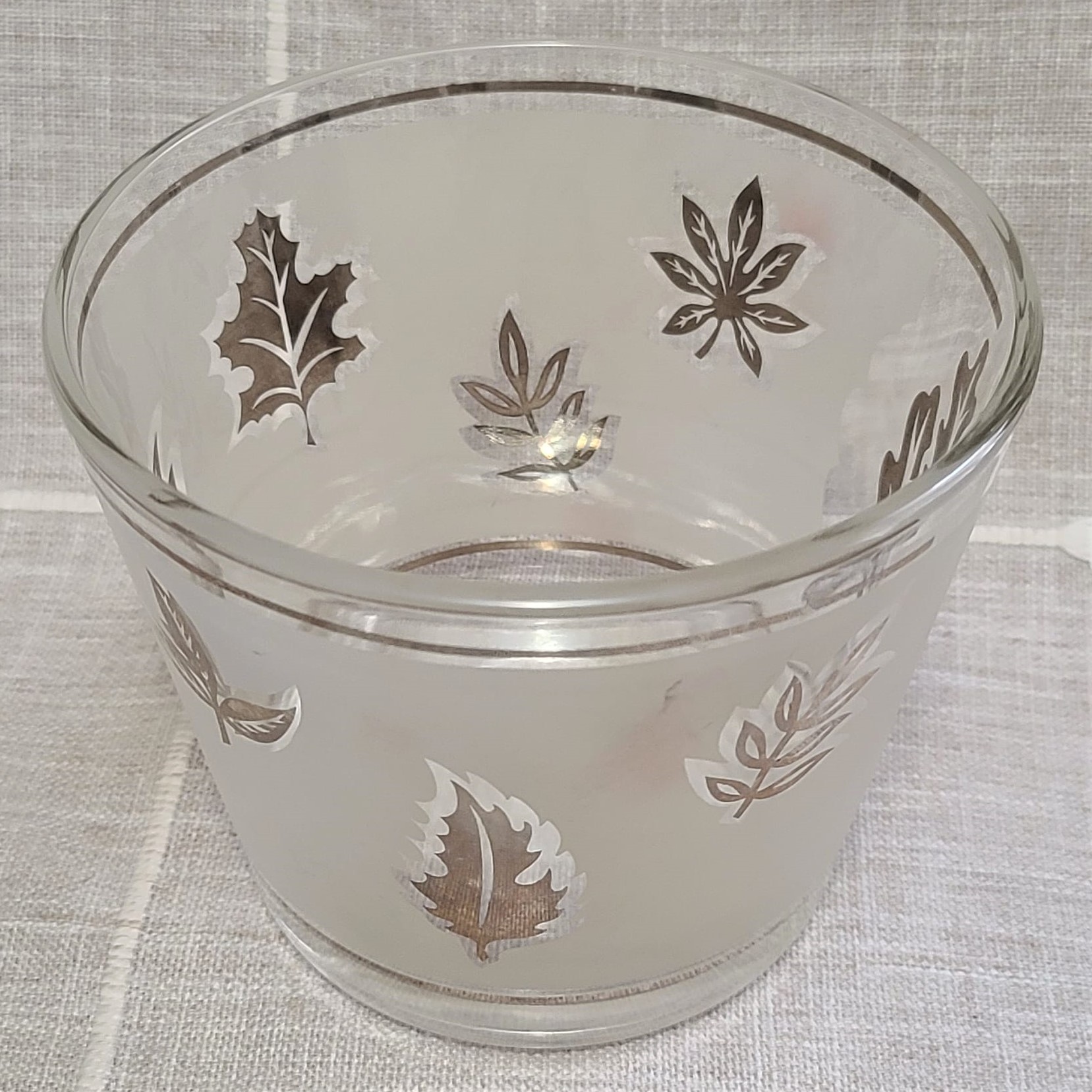 Libbey Handpainted Gold Leaf Frosted Glass Ice Bucket
