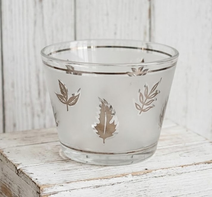 Libbey Handpainted Gold Leaf Frosted Glass Ice Bucket