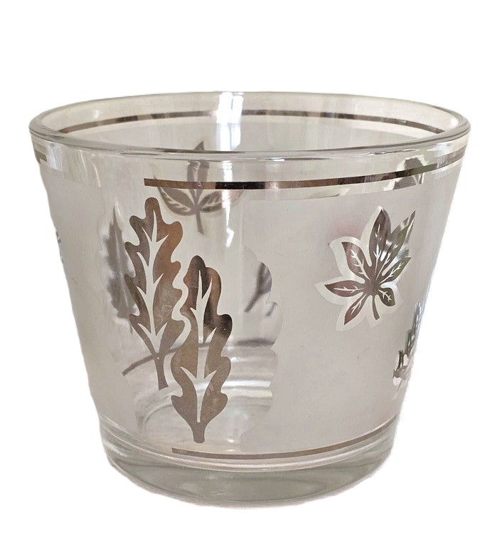 Libbey Handpainted Gold Leaf Frosted Glass Ice Bucket - Click Image to Close