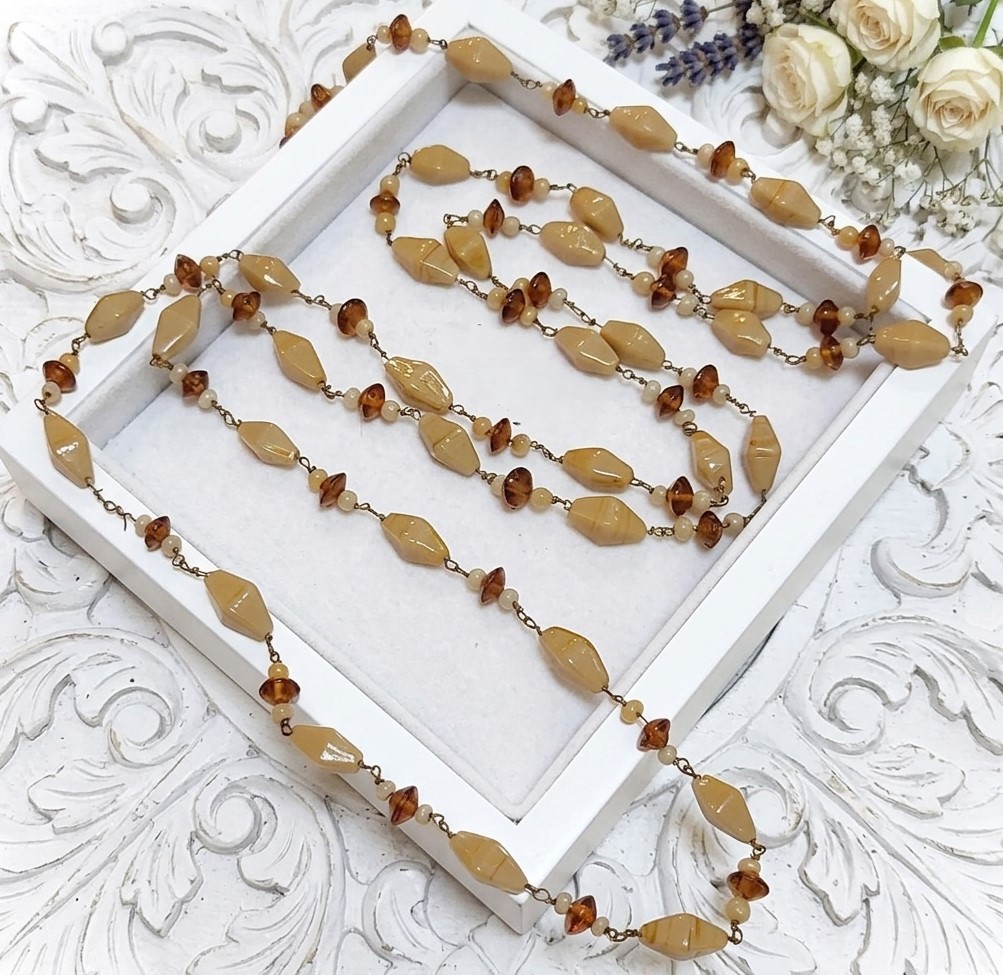 Czech Carmel and Topaz Glass Bead Flapper Necklace 54" Czech Carmel and Topaz Glass Bead Flapper Necklace 54"
