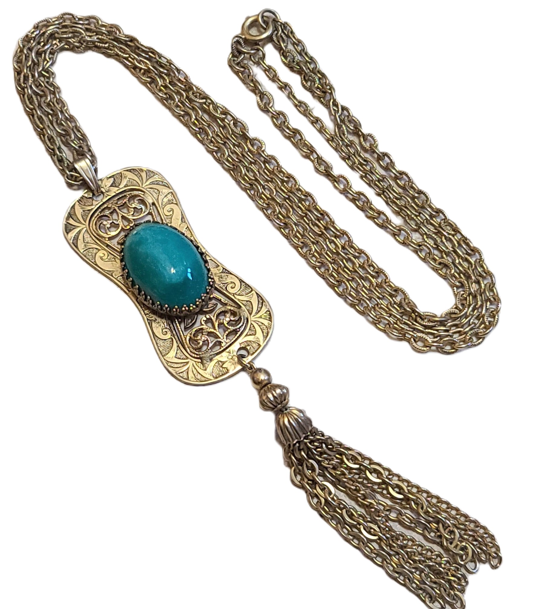 Asian Filigree with Green Cabachon 24" Tassel Necklace