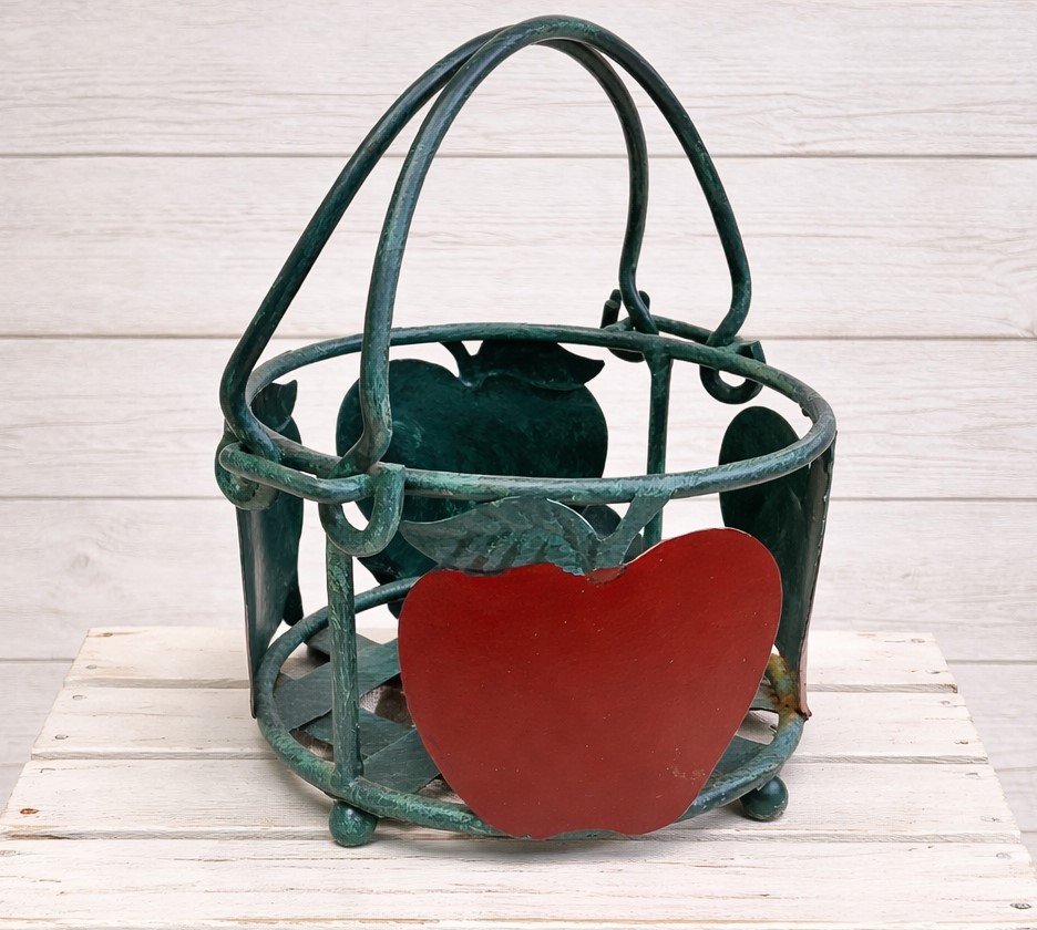 Hand Painted Apple Design Solid Metal Basket - Heavy in weight