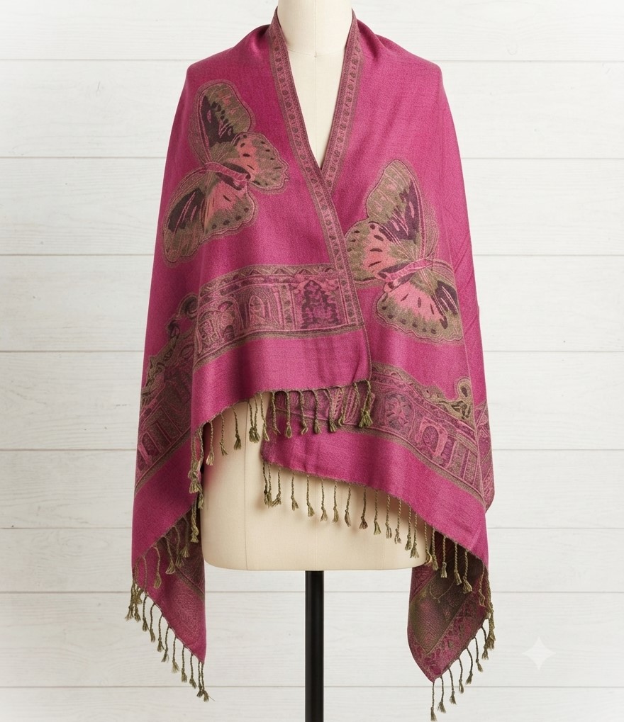 Scarf Shawl Pashima Silk Butterfly Pattern Reverisble Color