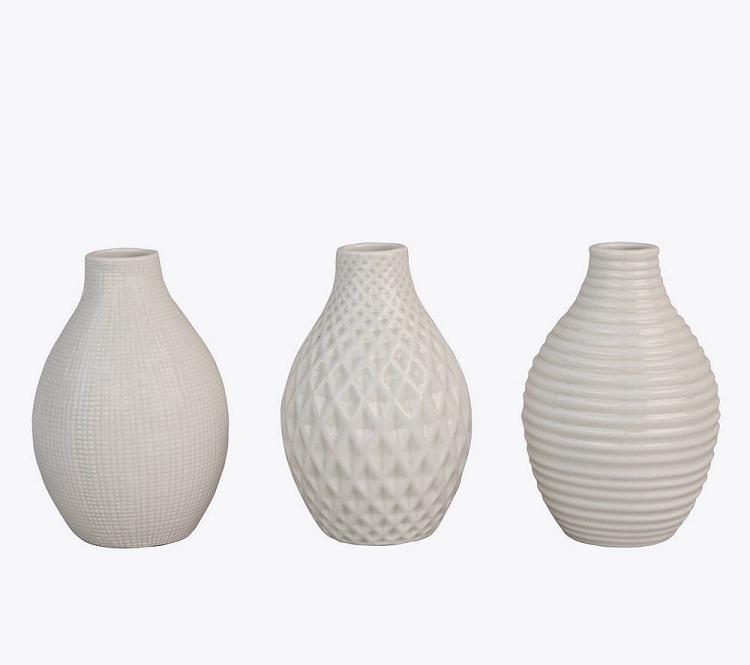 Set of 3 Cream Color Ceramic Texturized Decorative Vases