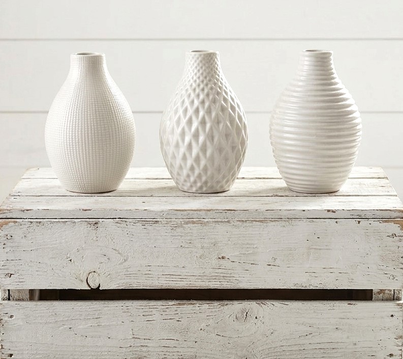 Set of 3 Cream Color Ceramic Texturized Decorative Vases