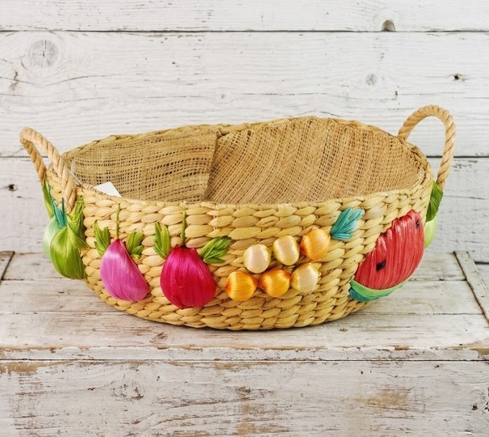 Vintage Wicker Straw Basket with 3D Fruit Design