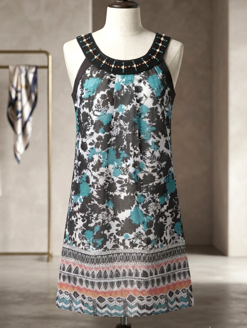 Robbie Bee Embellished Neckline Tunic Dress NWT