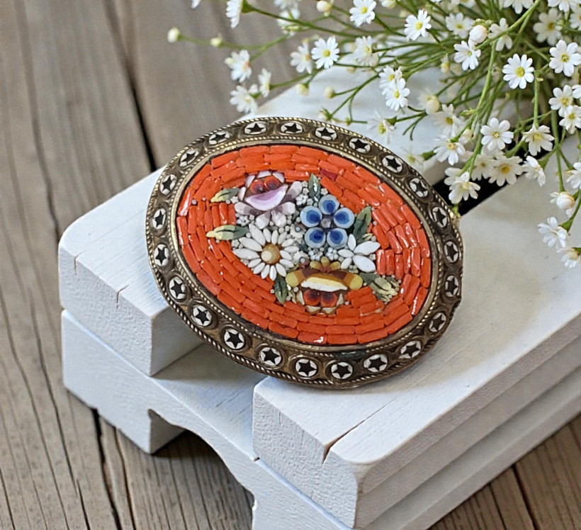 Mosaic Stamped Antique Pin 1 1/2"