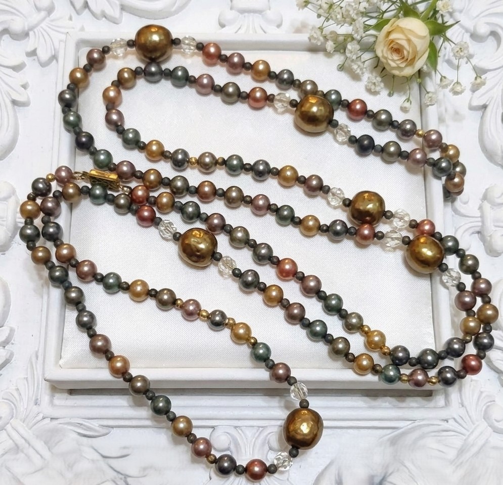 Bronze, Greens & Gold Metallic Glass Bead Flapper Necklace 56"