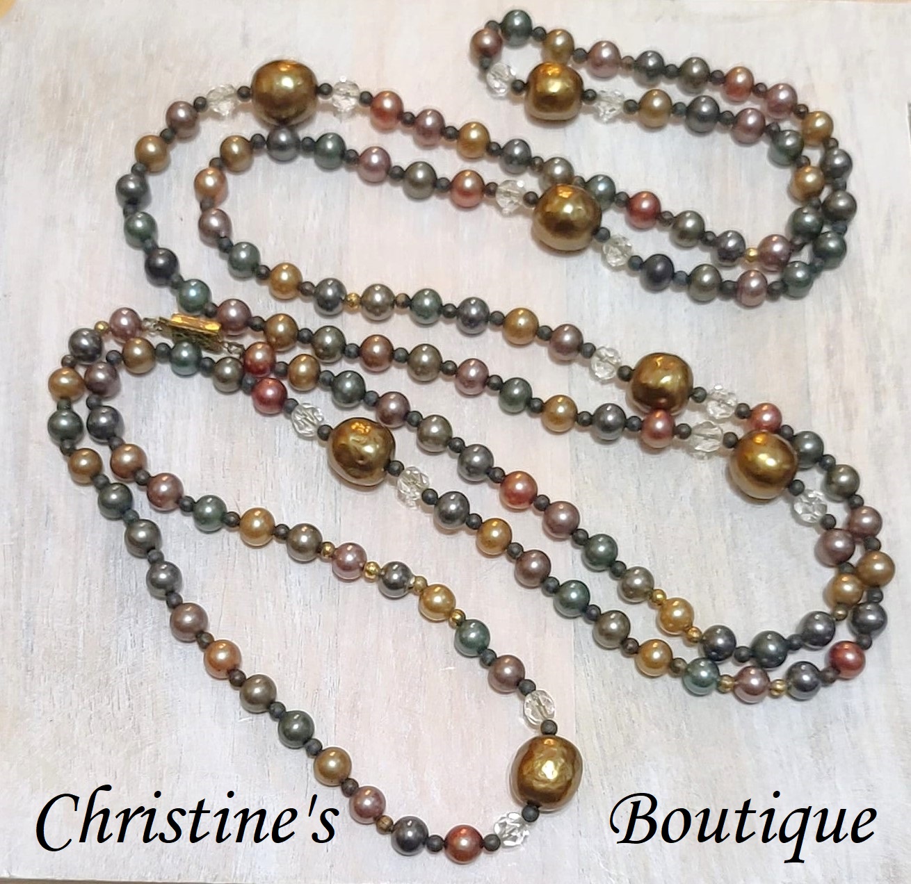 Bronze, Greens & Gold Metallic Glass Bead Flapper Necklace 56" - Click Image to Close