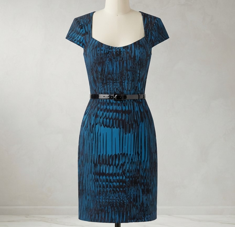 Bisou Bisou Teal & Black Feather Pattern Dress NWT