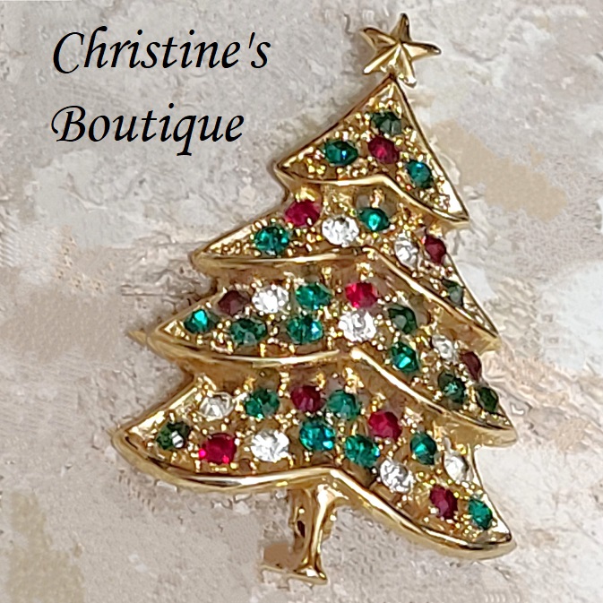 Christmas pin, vintage aurora borealis crystals in multi gem colors - Click Image to Close