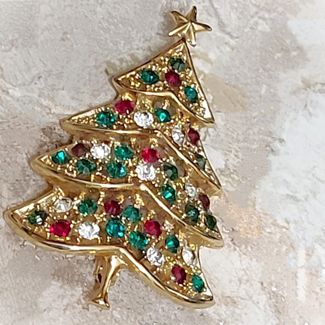 Christmas pin, vintage aurora borealis crystals in multi gem colors