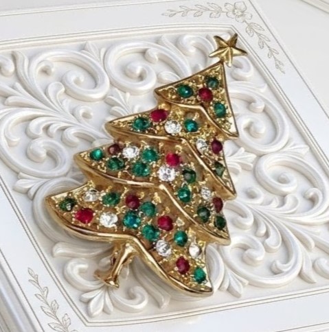 Christmas pin, vintage aurora borealis crystals in multi gem colors