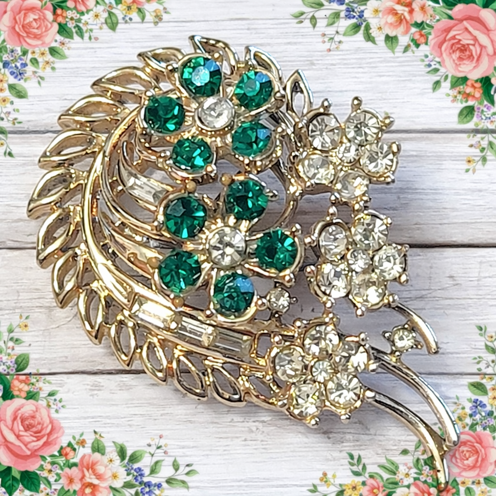 Dark Green & Clear Rhinestones Floral Swirl Pin